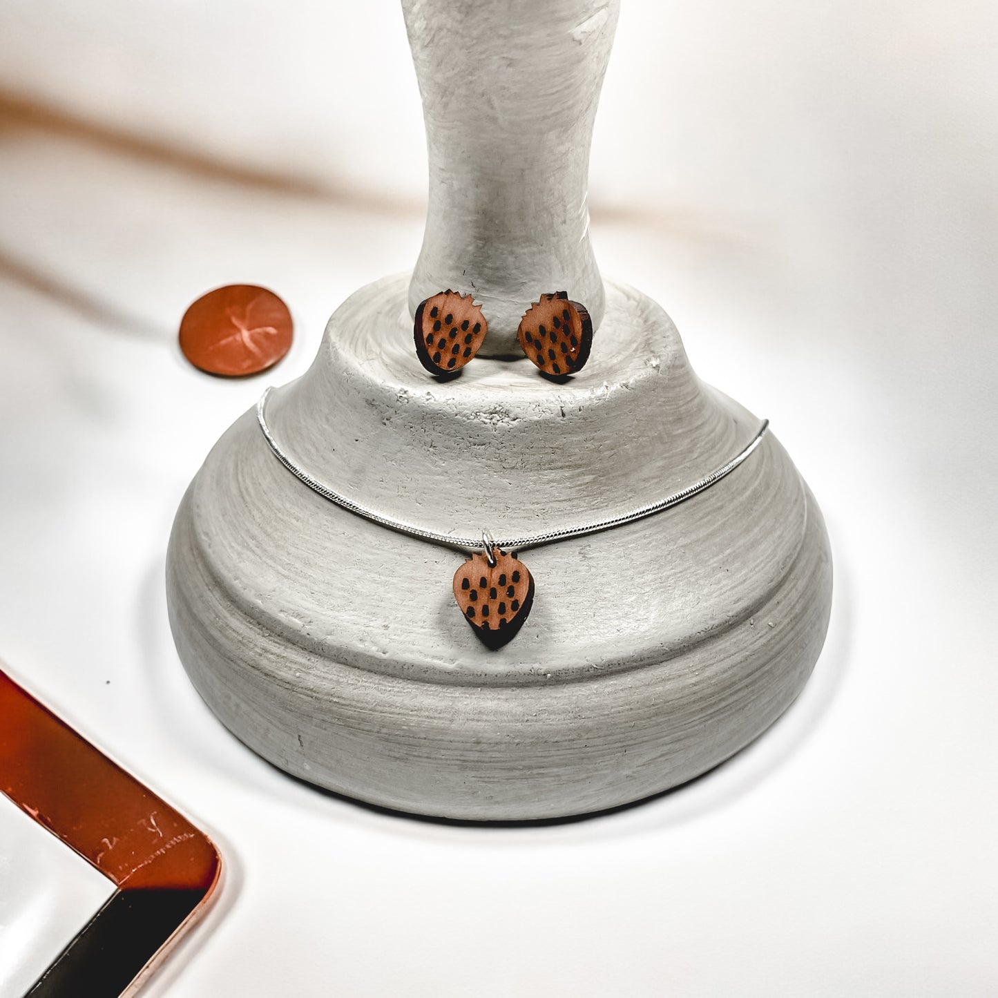 Cherry Wood Strawberry Sterling Earring Necklace Set