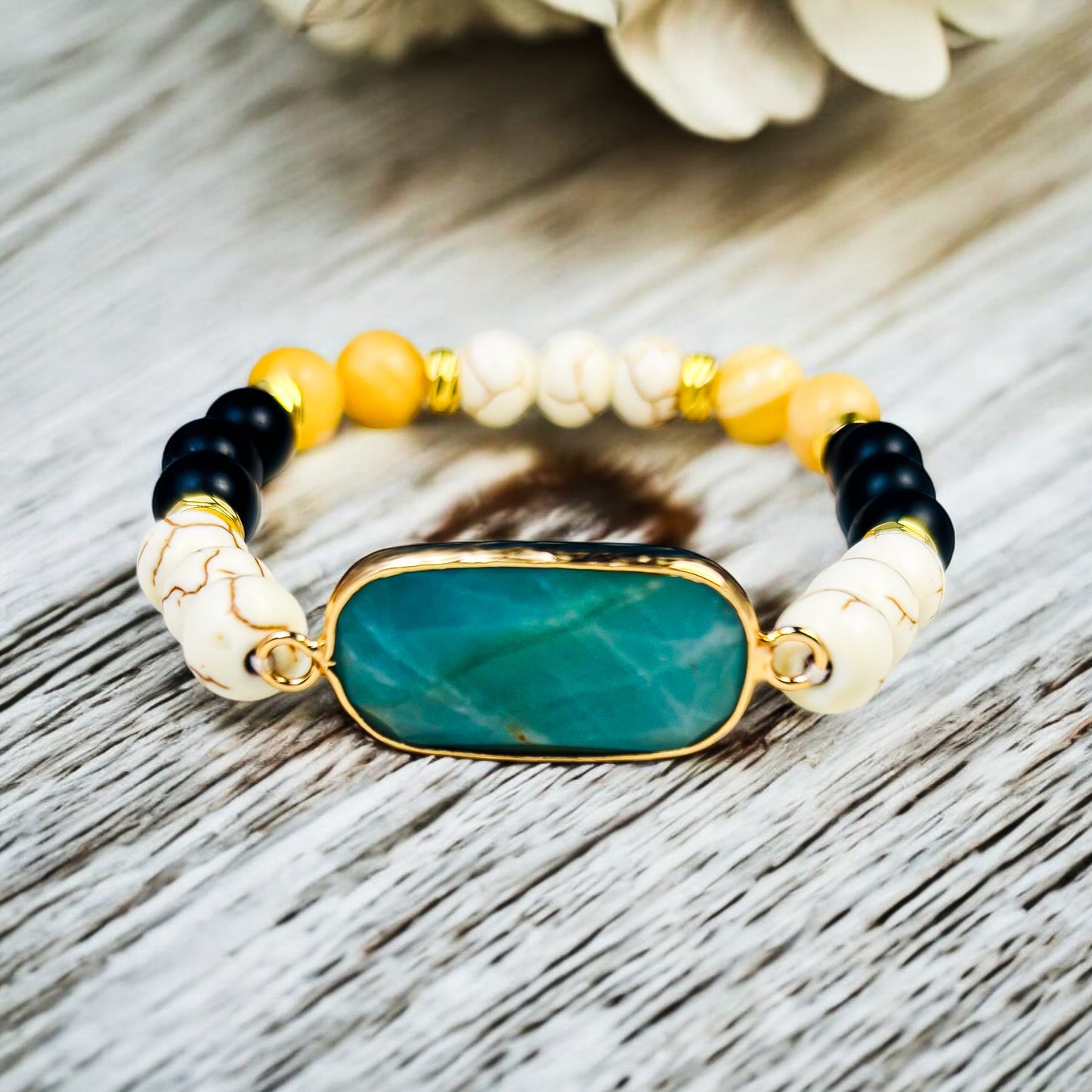 Black Onyx, Citrine, White Turquoise & Amazonite Stretch Natural Stone Bracelet
