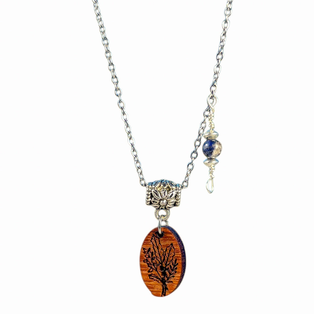 Personalized Birth Flower Necklace – Laser-Engraved Wood & Healing Stone Jewelry