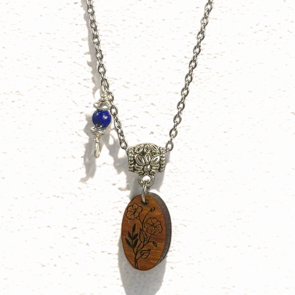 Personalized Birth Flower Necklace – Laser-Engraved Wood & Healing Stone Jewelry