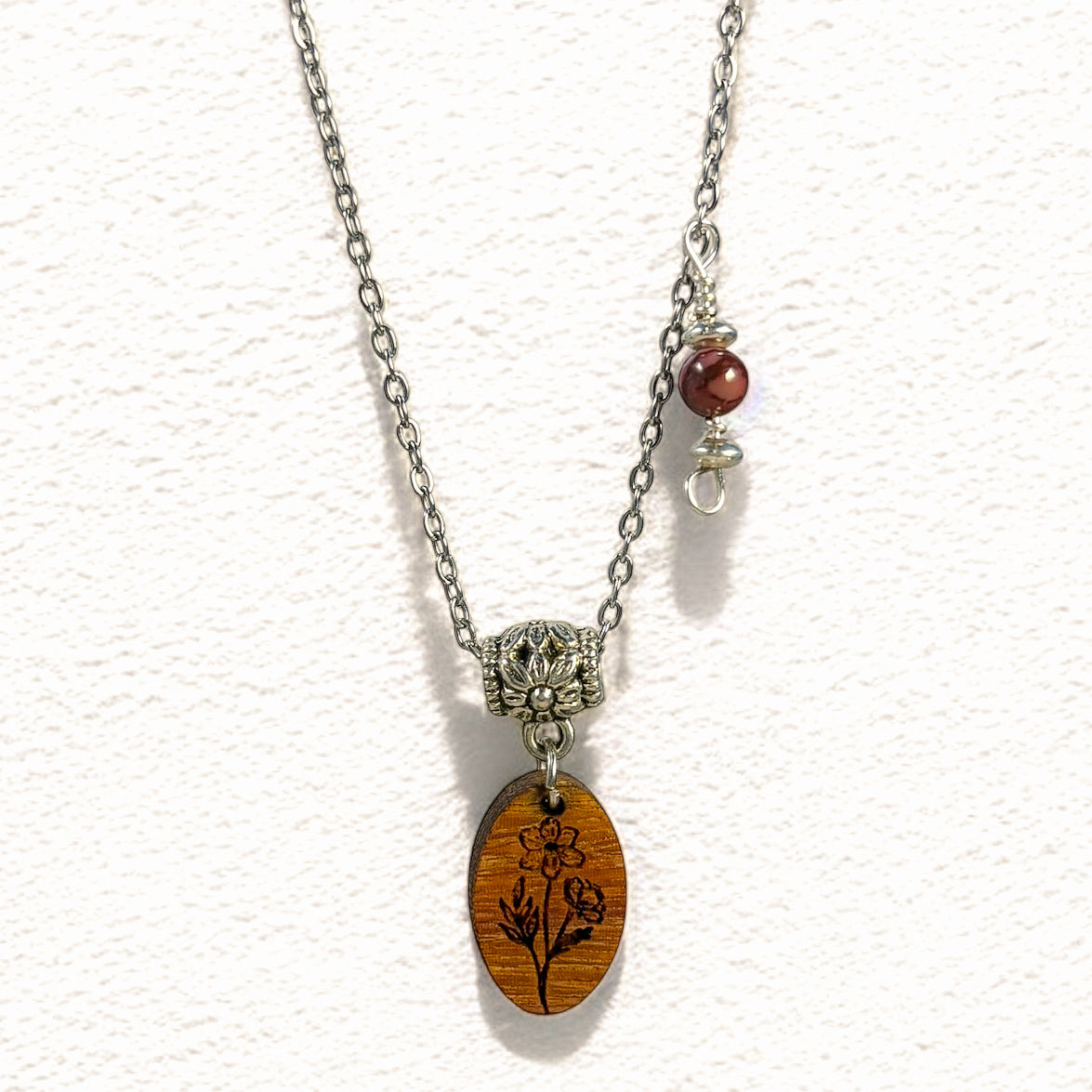 Personalized Birth Flower Necklace – Laser-Engraved Wood & Healing Stone Jewelry