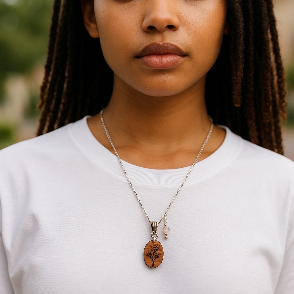 Personalized Birth Flower Necklace – Laser-Engraved Wood & Healing Stone Jewelry
