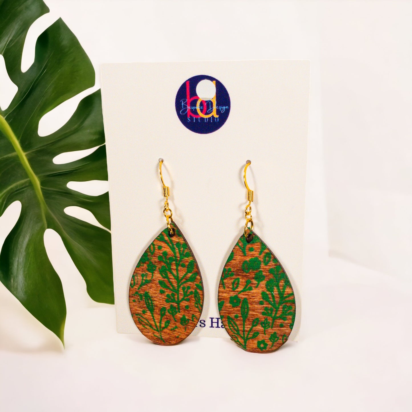 Wheat Stain Wood Teardrop Green Floral Print Earrings