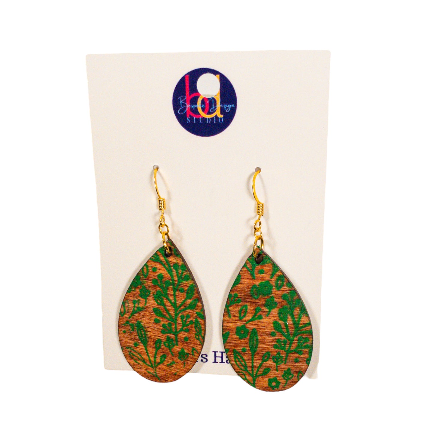 Wheat Stain Wood Teardrop Green Floral Print Earrings