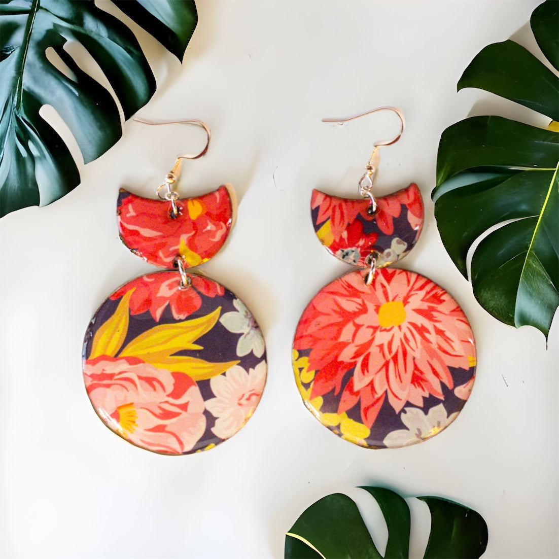 Vibrant Flowered Round w/Tab Recycled Earrings