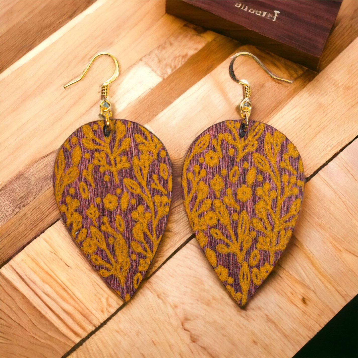 Cherry Stain Wood Teardrop Yellow Floral Print Earrings