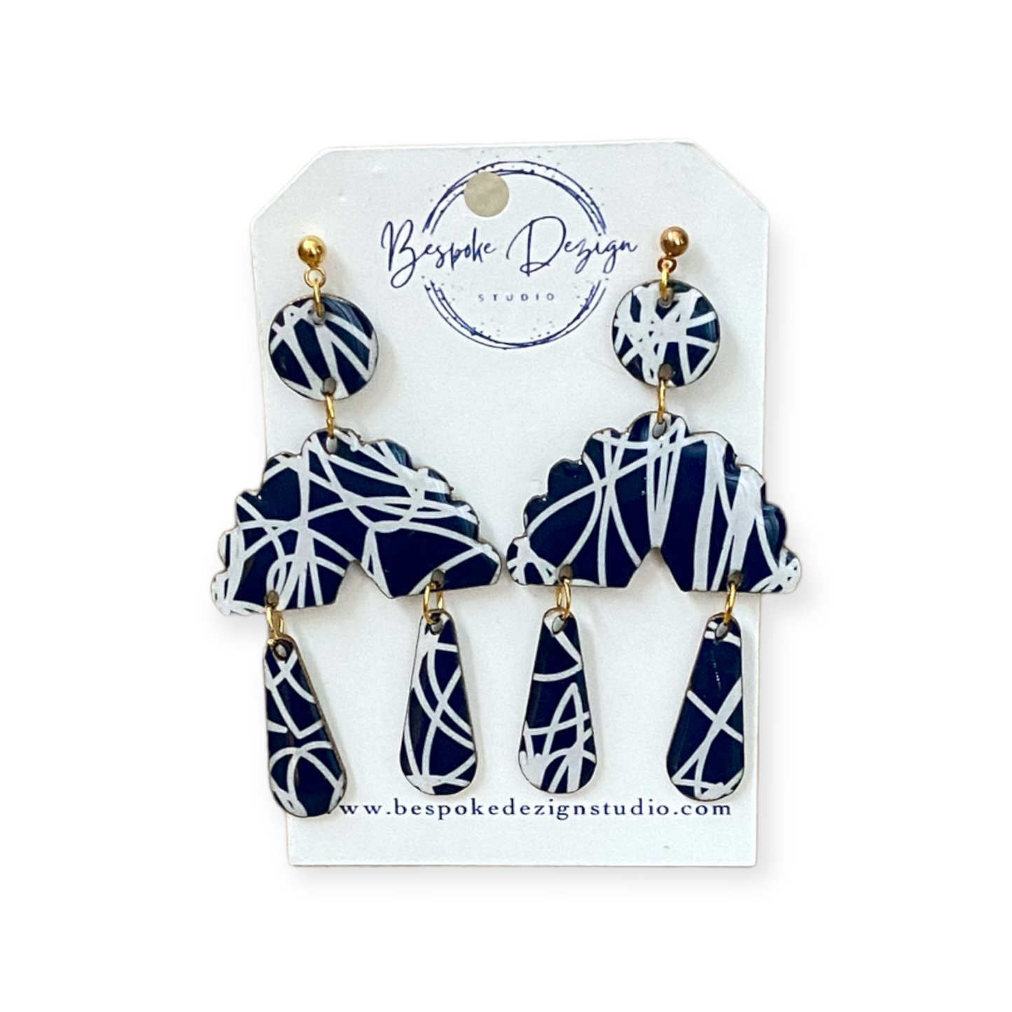 Navy & White Scalloped Half Circle w/Teardrop Graffiti Pattern Recycled Earrings