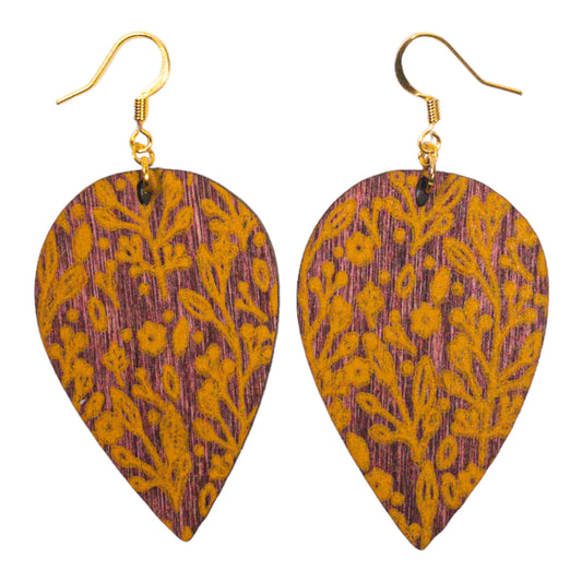 Cherry Stain Wood Teardrop Yellow Floral Print Earrings
