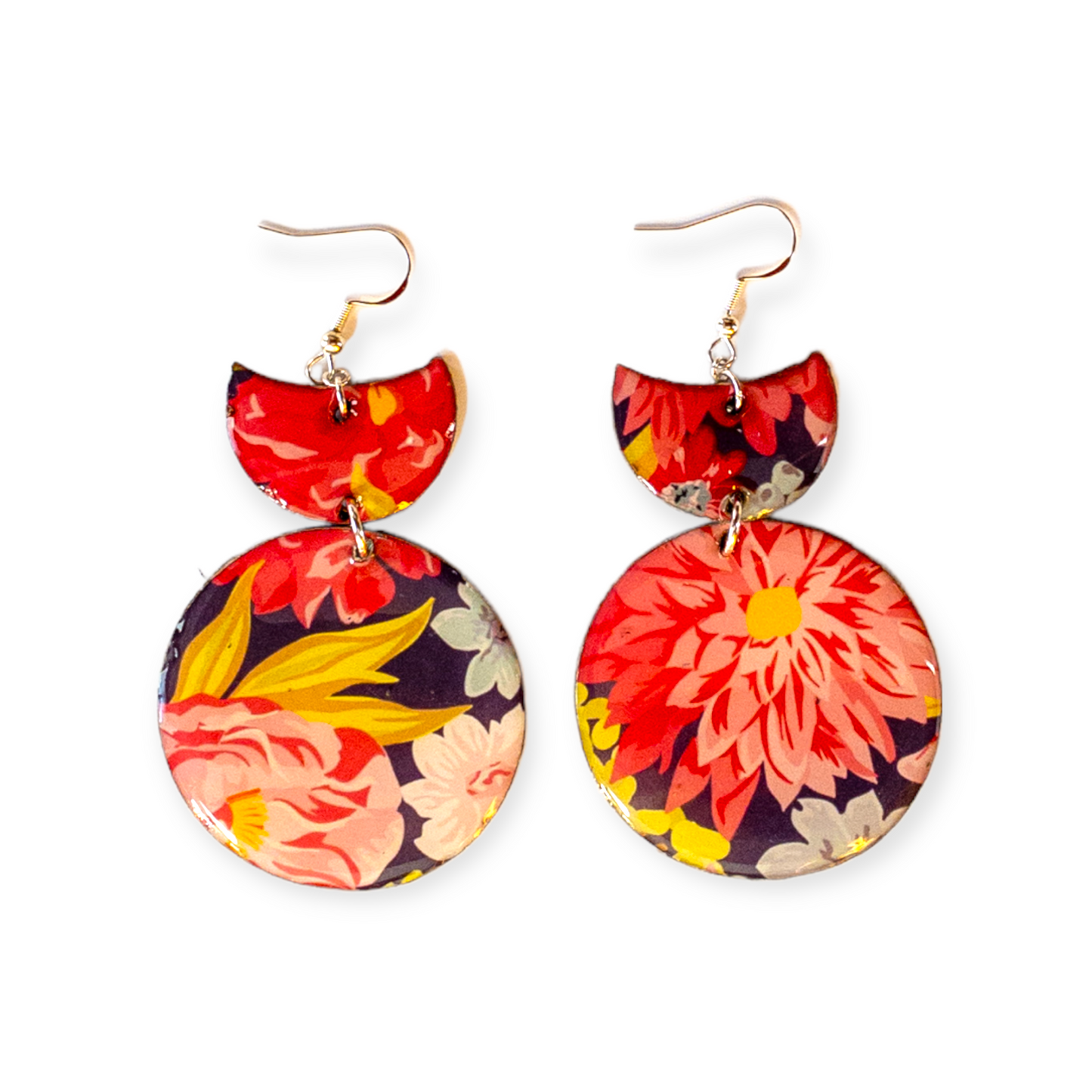 Vibrant Flowered Round w/Tab Recycled Earrings