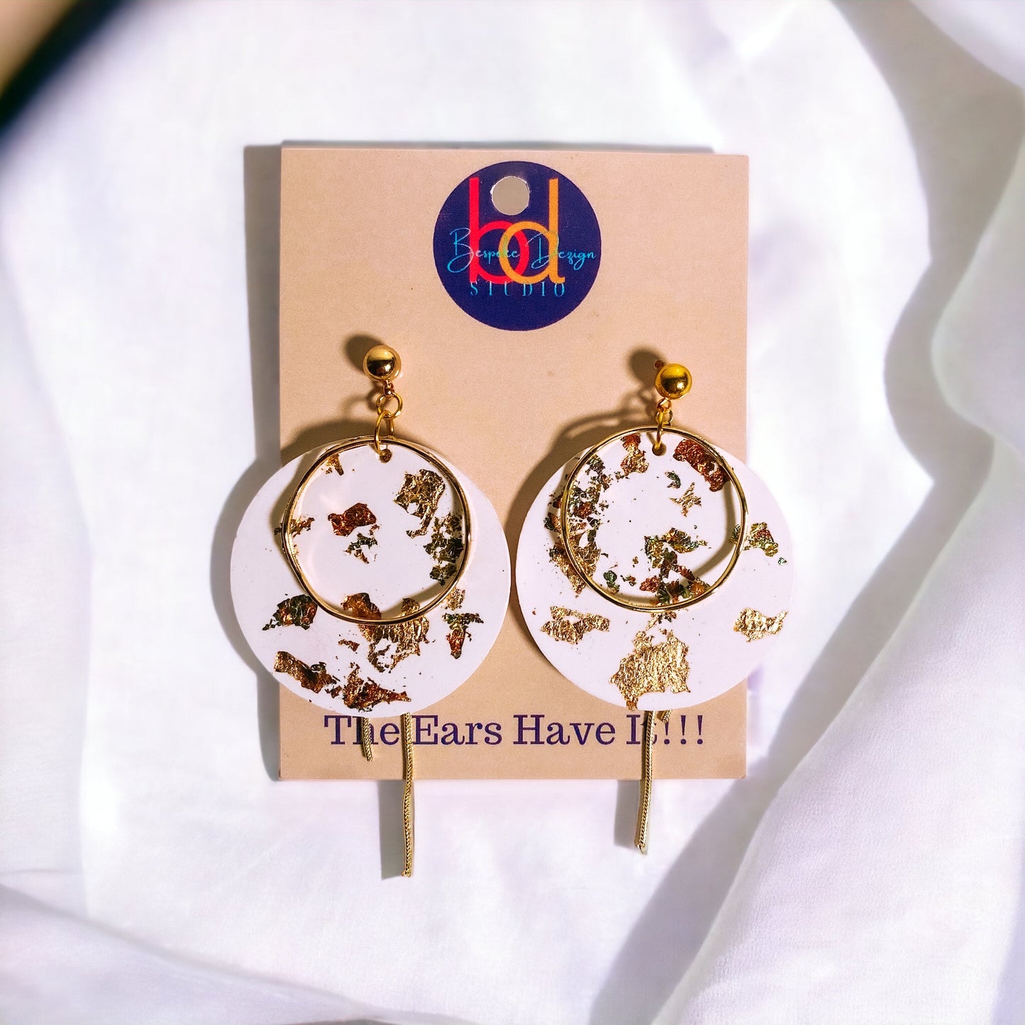White Round Cement Earrings w/Variegated Gold Flakes & Gold Chains