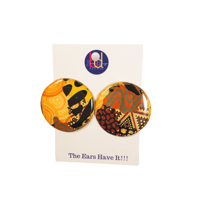 Black & Gold  Ankara Abstract Pattern Round Disc Recycled Earrings