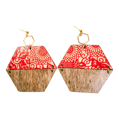 Octagon Wood Earrings w/Ornate Pattern