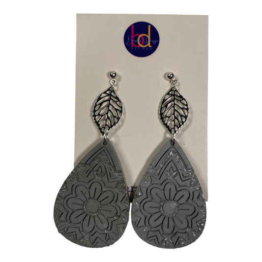 Gray Cement Teardrop Flower Engraved Earrings w/Silver Leaf Tab