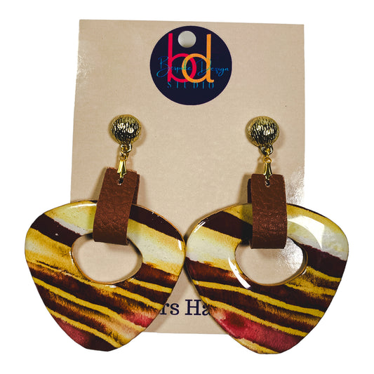 Oval Graphic Earring with Leather Tab
