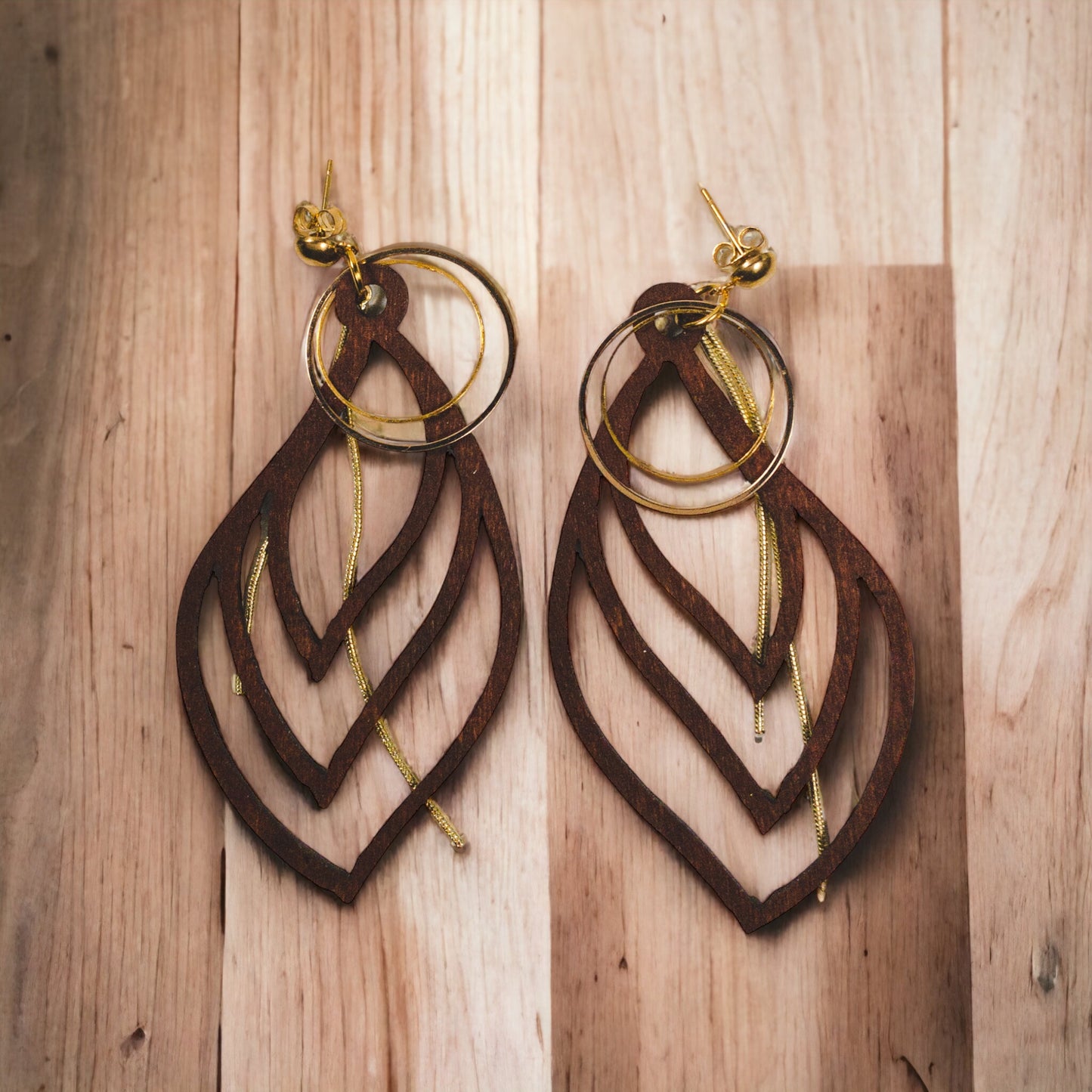 Open Leaf with Gold Circles Wood Earrings
