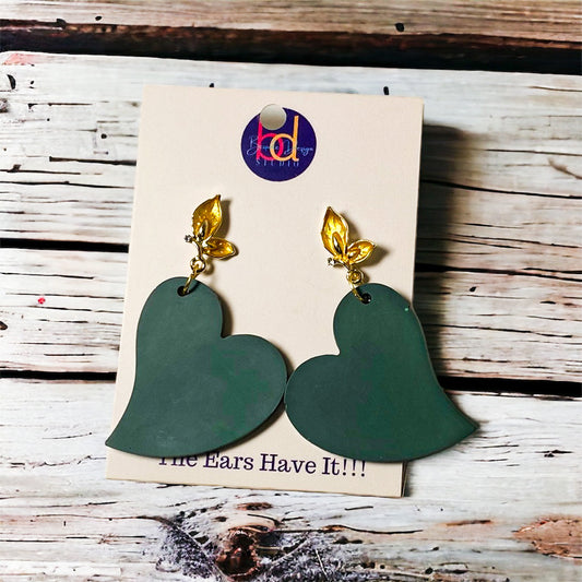 Green Cement Heart Earring with Flower Tab