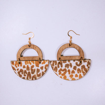 Half Circle Wood Earrings with Leopard Pattern