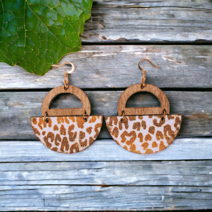Half Circle Wood Earrings with Leopard Pattern