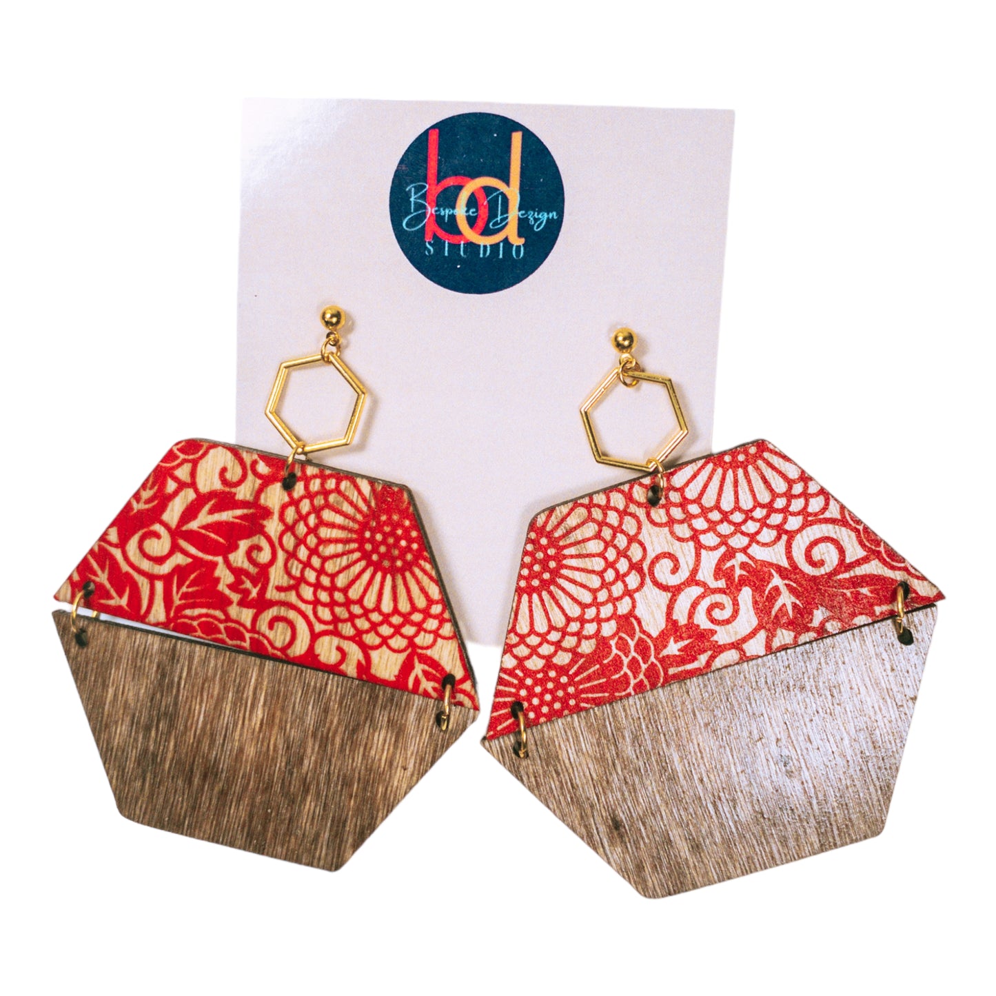 Octagon Wood Earrings w/Ornate Pattern