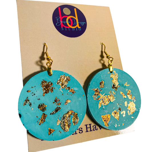 Turquoise Round Cement Earrings w/Variegated Gold Flakes