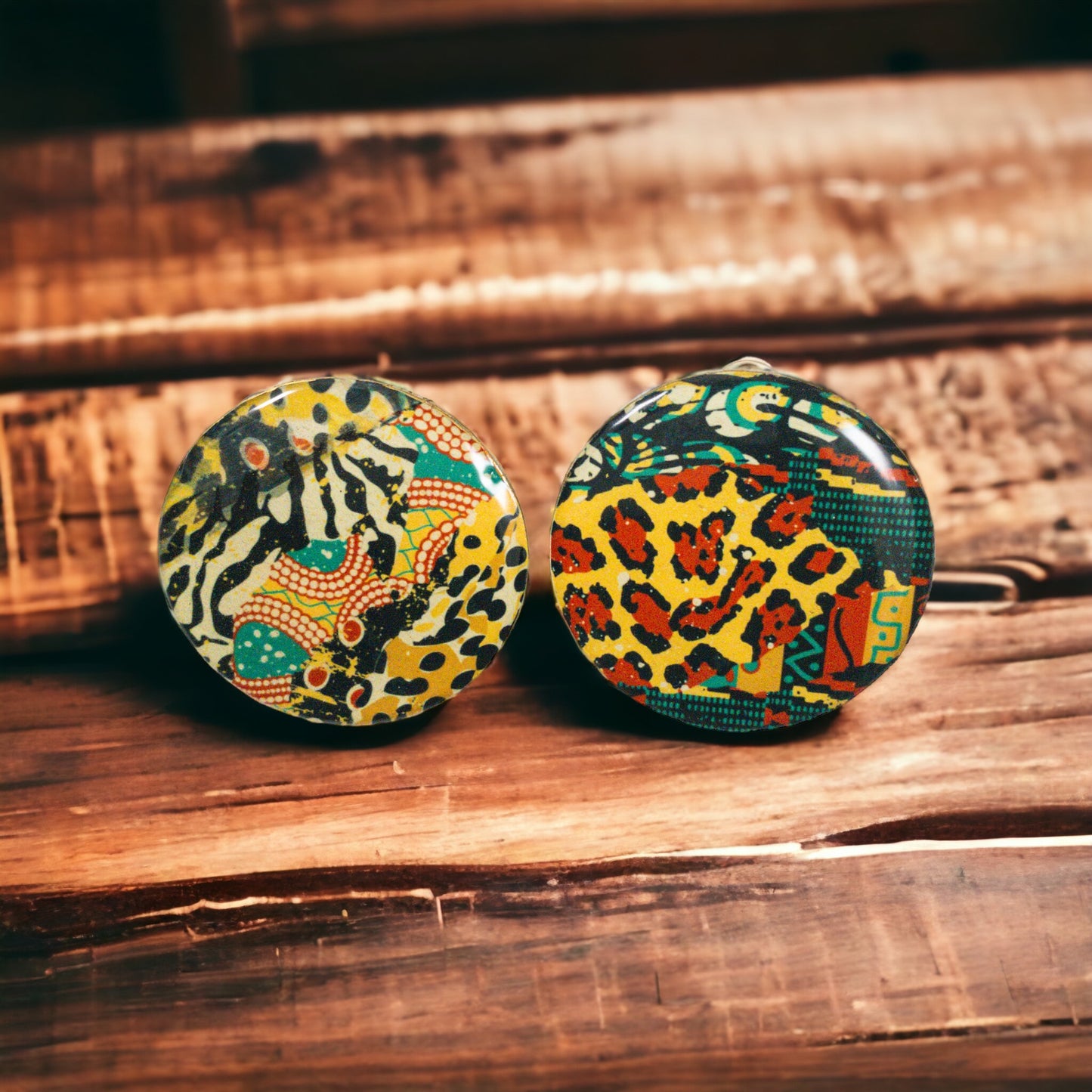 Red Black & Green Ankara Animal Pattern Round Disc Recycled Earrings