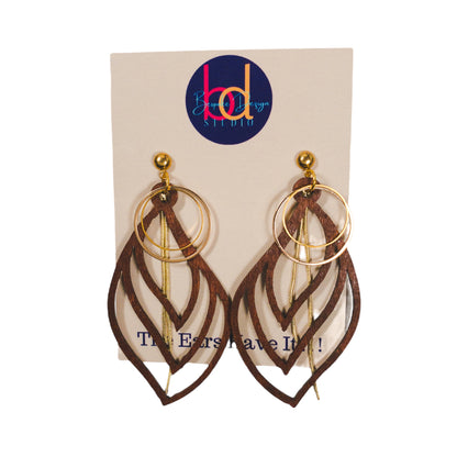 Open Leaf with Gold Circles Wood Earrings