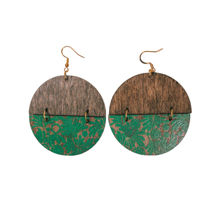 Wood Walnut Stain Round Earrings w/Green Florals