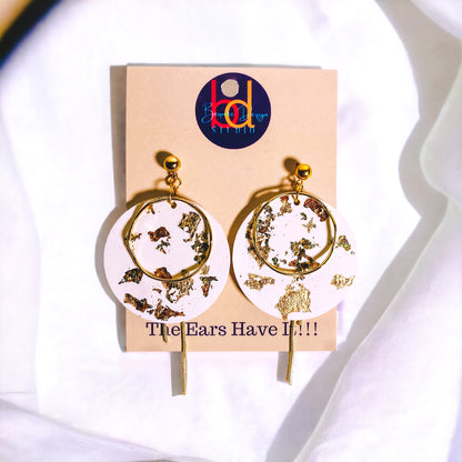 White Round Cement Earrings w/Variegated Gold Flakes & Gold Chains