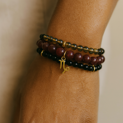 Capricorn Zodiac Stack – Garnet, Smoky Quartz & Black Onyx-  Strength & Balance
