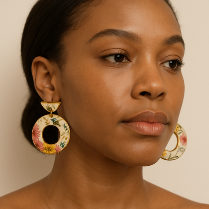 Floral Circle Drop Earrings – Botanical Print Recycled Chipboard Statement Earrings