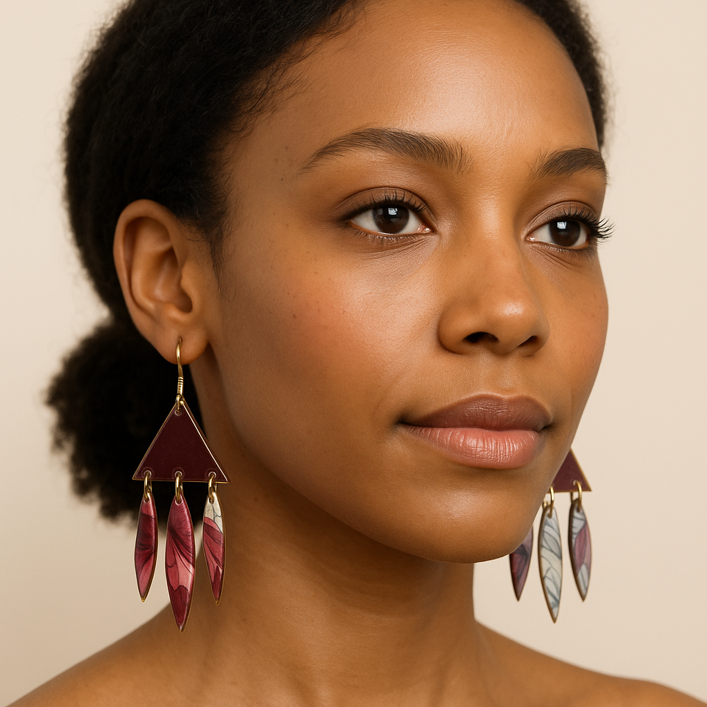 "Boho Floral Triangle Dangle Earrings – Mismatched Statement Jewelry with Bold Botanical Patterns