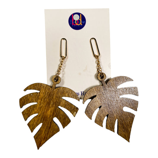 Monstera Leaf w/Gold Tab Wood Earrings