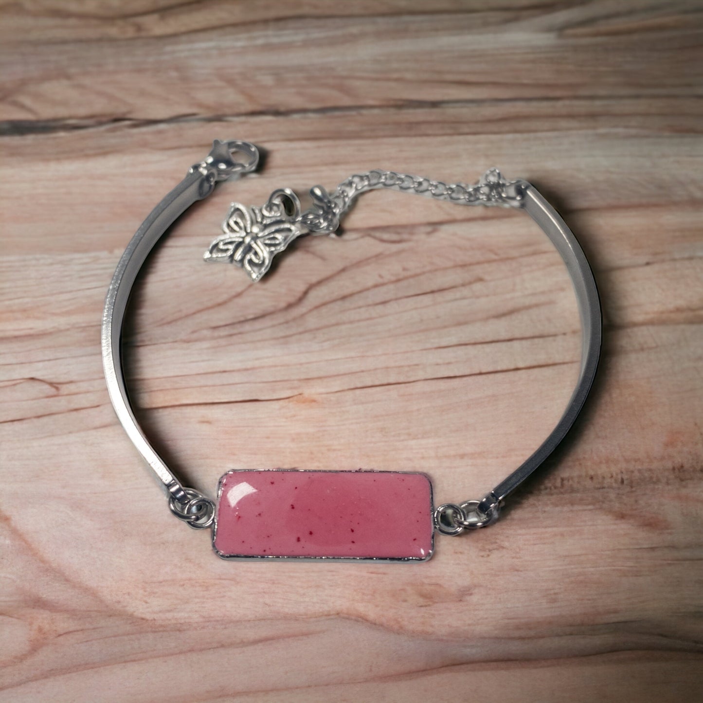 Stainless Steel Rose Pink Cement Inlay Bracelet w/Charm
