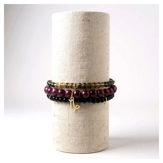 Capricorn Zodiac Stack – Garnet, Smoky Quartz & Black Onyx-  Strength & Balance