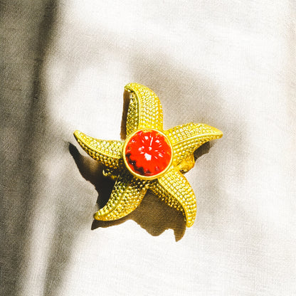 Gold Tone Starfish Ring With Floral Inlay