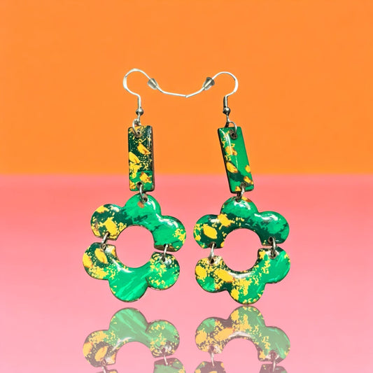 Green and Yellow Abstract Paint Splatter Recycled Chipboard Earrings