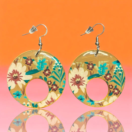 Tan and Pink Fall Flower Donut Recycled Chipboard Earrings