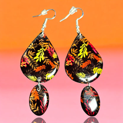 Black Floral Teardrop Recycle Chipboard Earrings