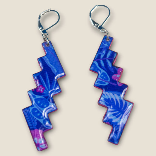 Blue Botanical Lightning Bolt Earrings – Bold Lightweight Leverback Dangles
