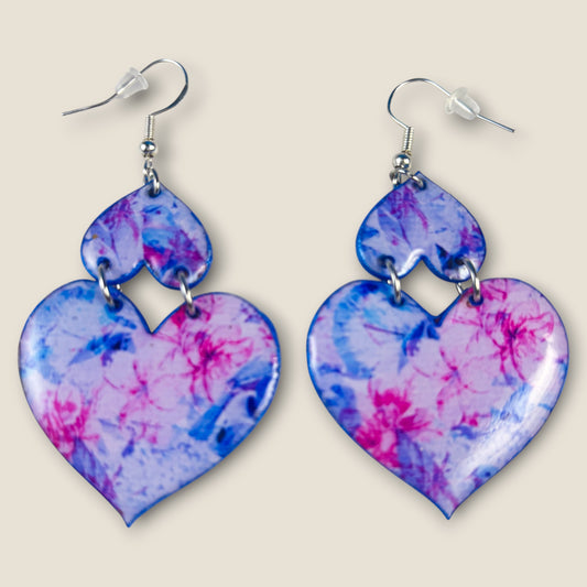 Pink & Blue Floral Heart Drop Earrings – Lightweight Handmade Statement