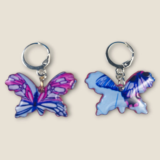 Mismatched Butterfly Earrings – Blue & Pink Lightweight Leverback Dangles