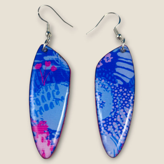 Blue & Pink Abstract Blade Earrings – Lightweight Long Dangle Jewelry