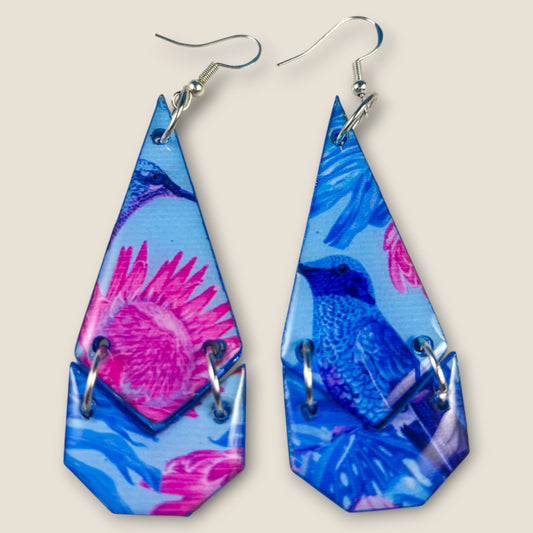 Blue & Pink Hummingbird Geometric Earrings – Lightweight Statement Dangles