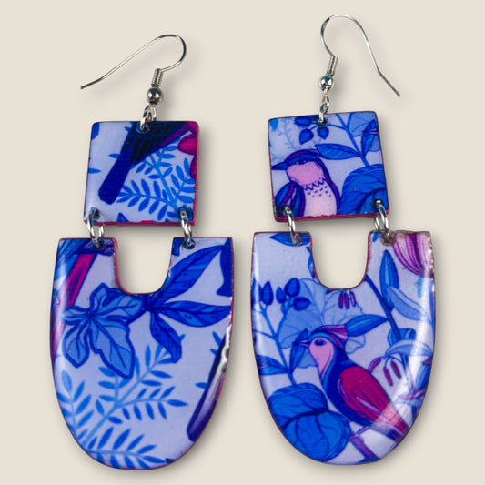 Pink & Blue Bird Arch Earrings – Lightweight Dangle Statement Jewelry