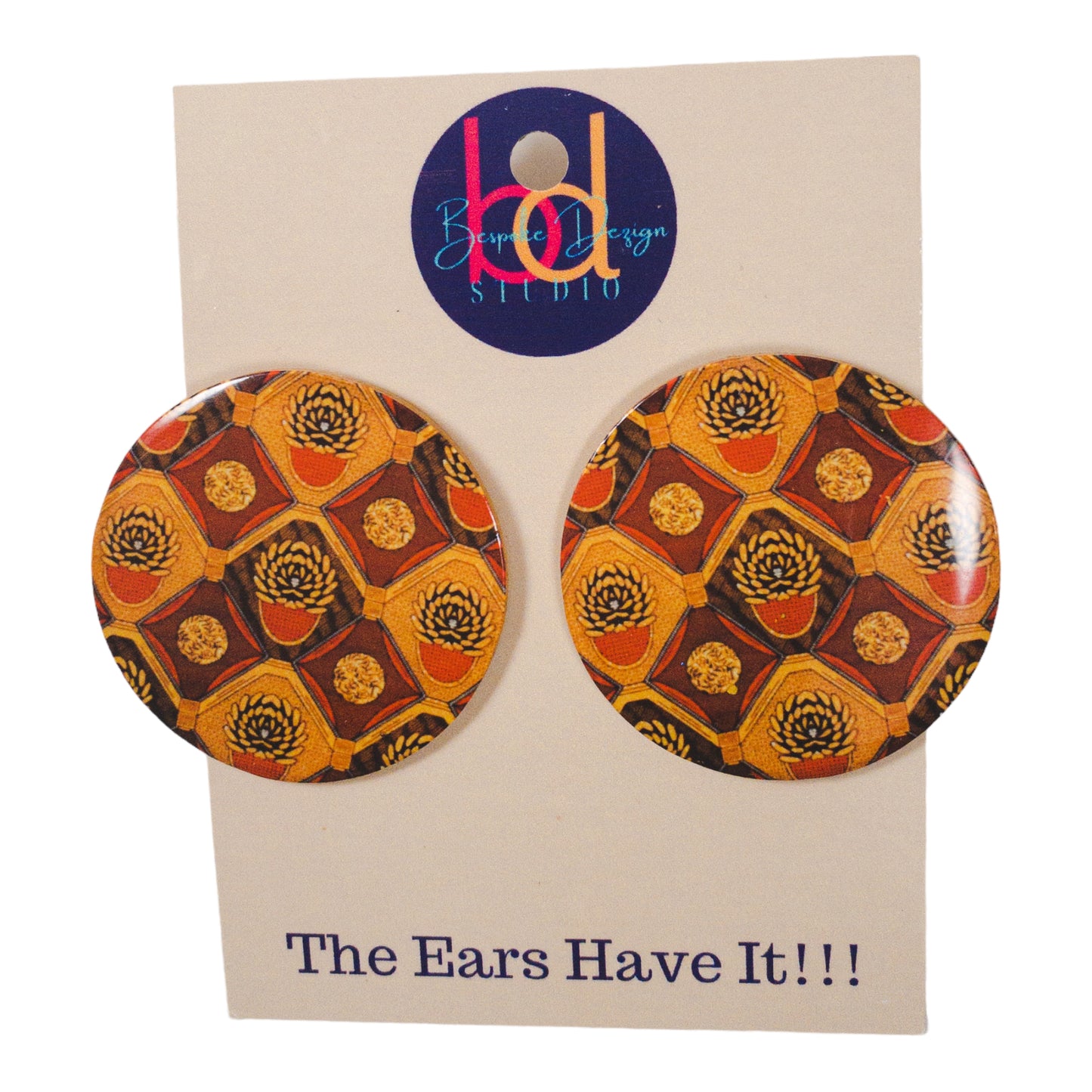 Orange & Brown Ankara Pattern Round Disc Recycled Earrings