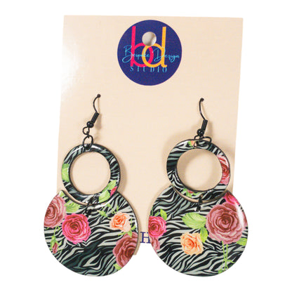 Black Flower Round Drop Recycled Earrings