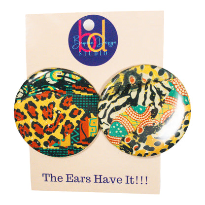 Red Black & Green Ankara Animal Pattern Round Disc Recycled Earrings