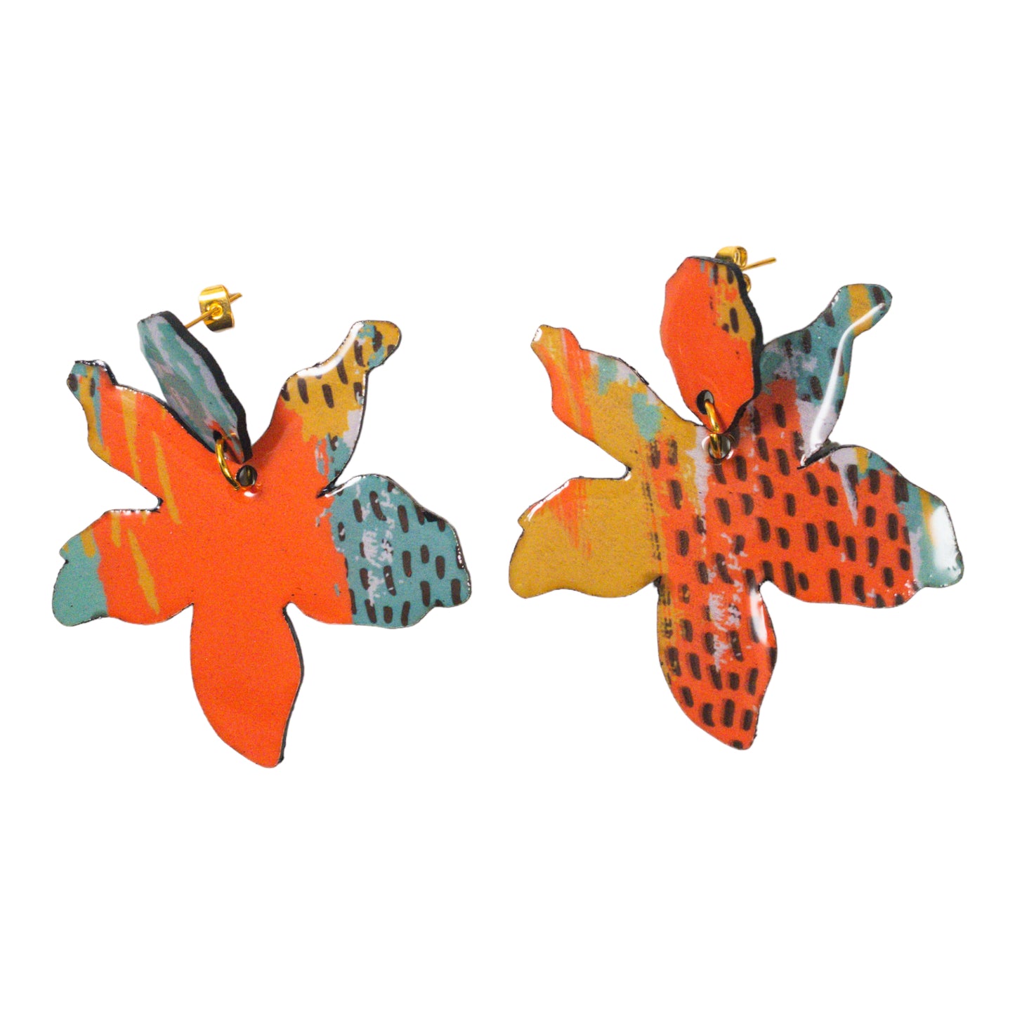 Orange & Teal Flower Abstract Flower Recycled Earrings