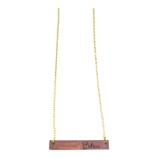 Wood Bar "Believe" Necklace w/Gold Chain