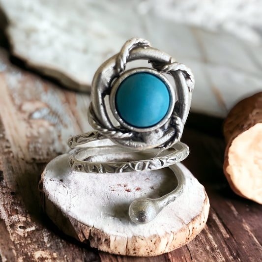 Cement Center Flower Turquoise Silver Tone Adjustable Ring